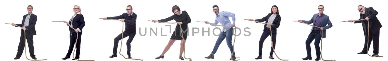 Business people pulling rope isolated on white background