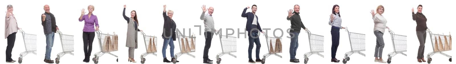 group of people with cart isolated on white background