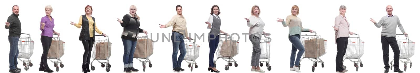 group of people with cart and outstretched hand thumbs up isolated on white background
