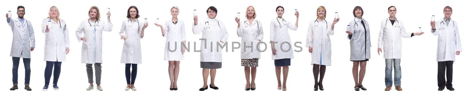 group of doctors holding jar isolated on white background