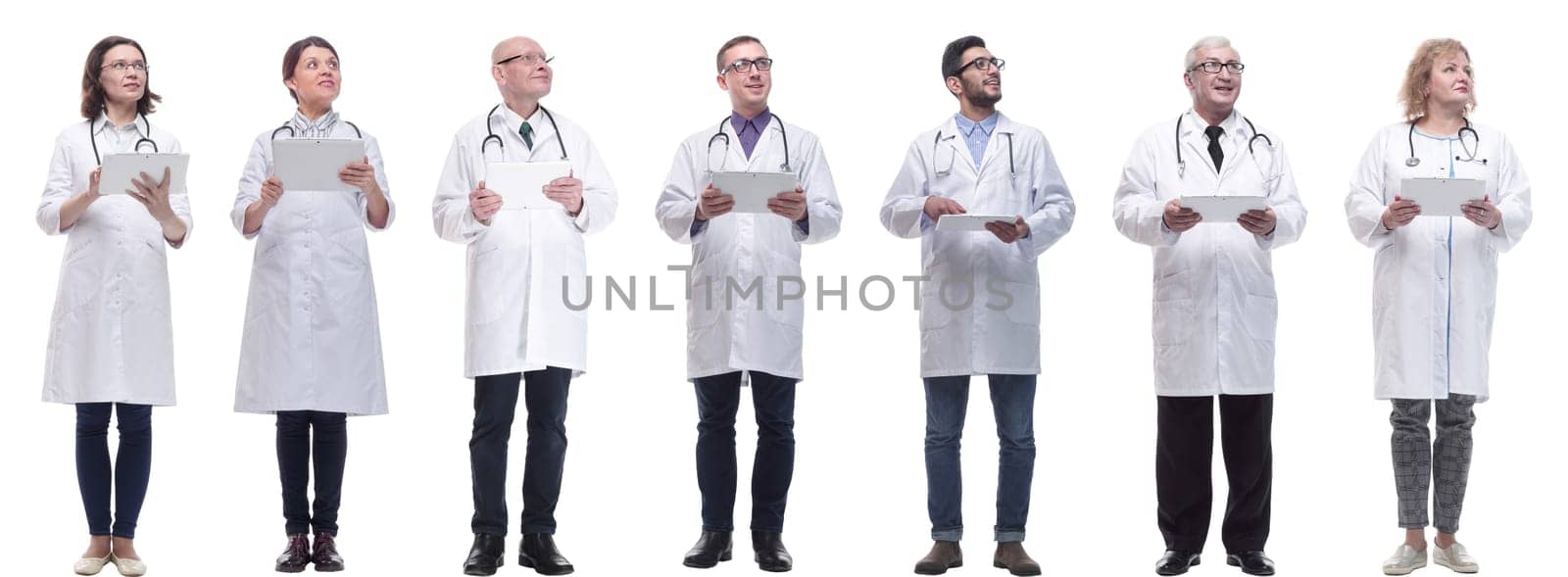 group of doctors with clipboard isolated on white background