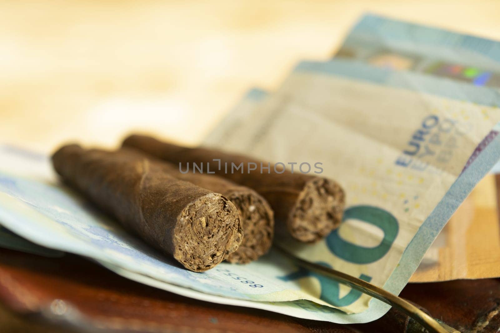 smoking costs concept with cigars leaning on banknotes