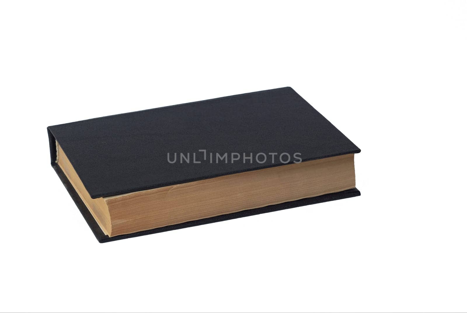 A book in a black hardcover on a white background is an empty book with a black cover on a white background.