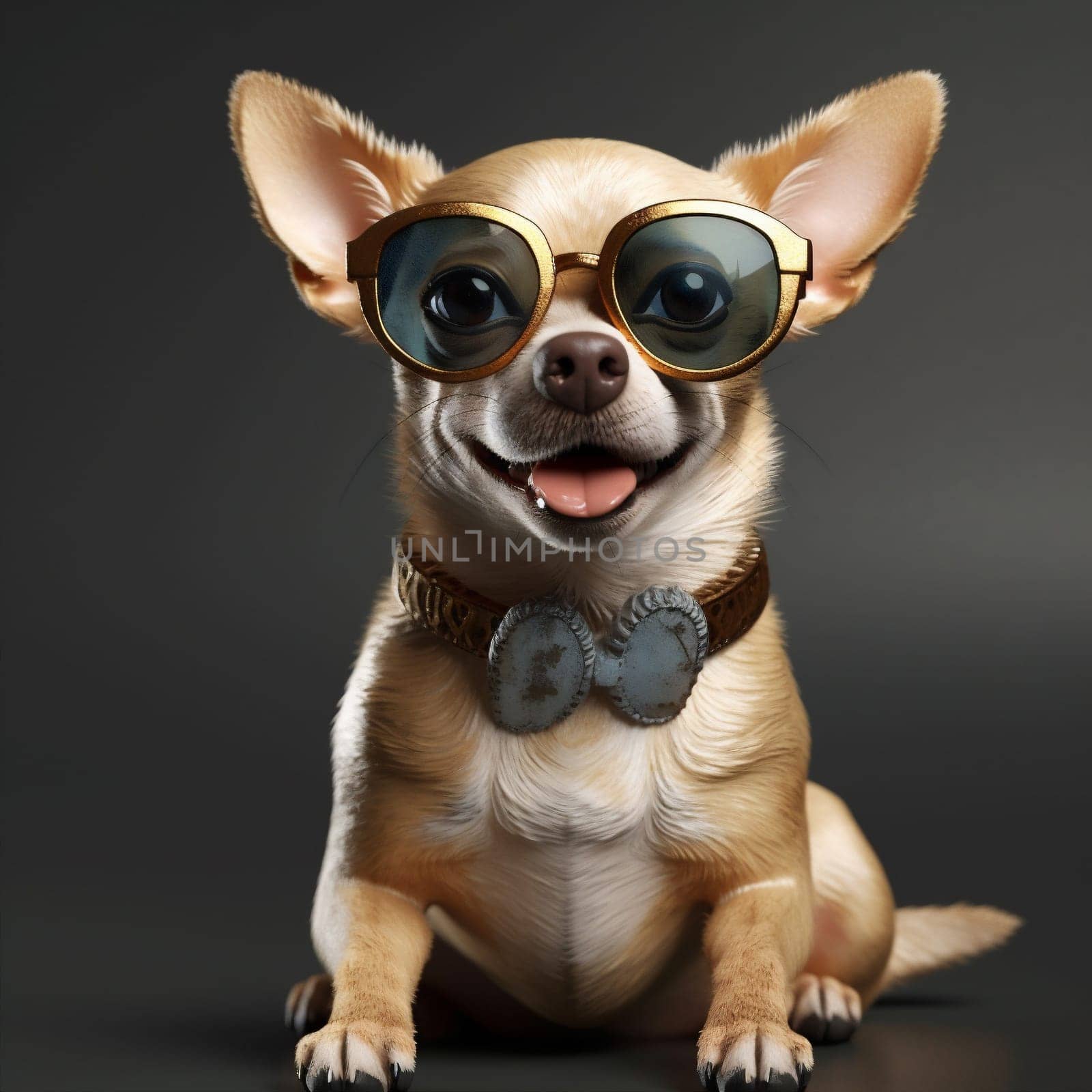 dog chihuahua adorable student portrait humor glasses pet yellow animal collar puppy doggy domestic background purebred young white goggles cute breed. Generative AI.