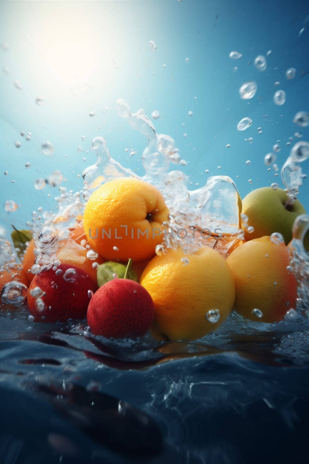 agriculture bubble banana splash green strawberry yellow water drop fresh sweet black wave juicy health fruit healthy food vitamin clean background. Generative AI.