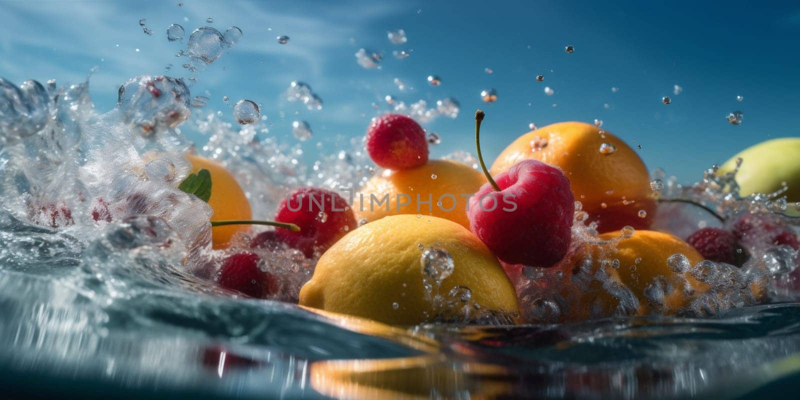 food apple fruit background strawberry fresh water green vitamin healthy drop. Generative AI. by SHOTPRIME