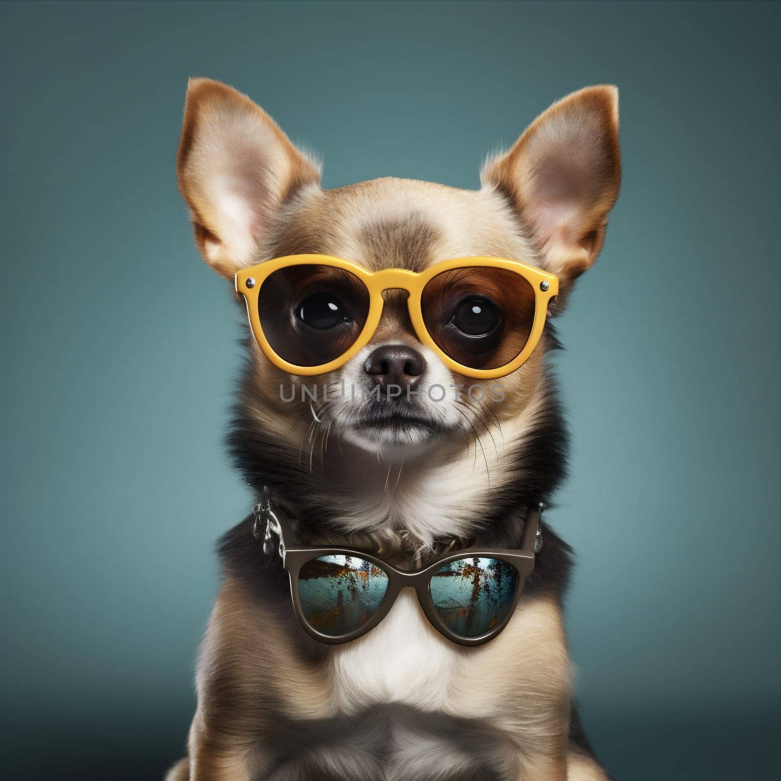 dog pet yellow fun puppy background cute glasses animal portrait chihuahua. Generative AI. by SHOTPRIME