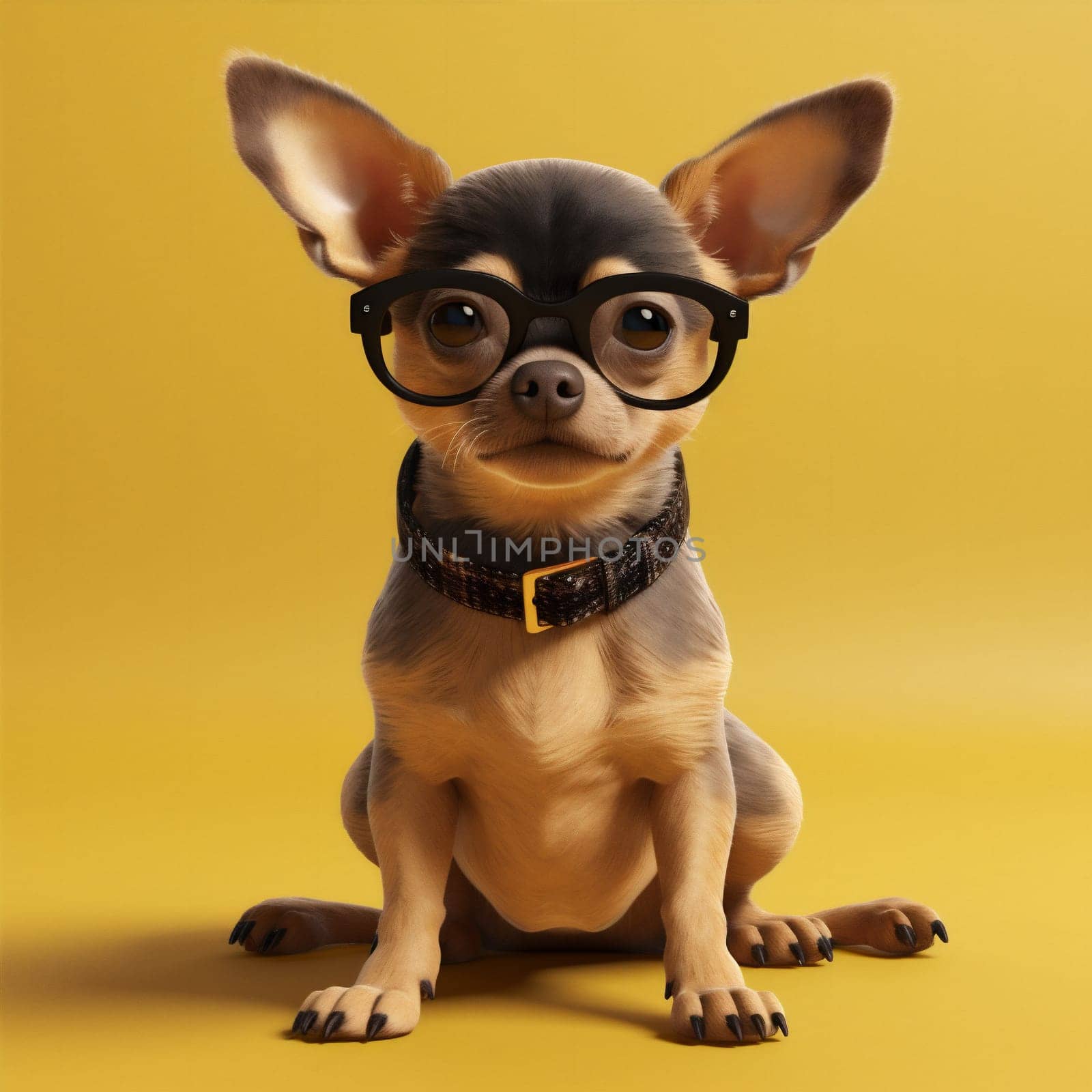 canine dog domestic pet portrait tie background isolated smart cute space fun glasses yellow chihuahua white clever animal copy puppy studio looking. Generative AI.