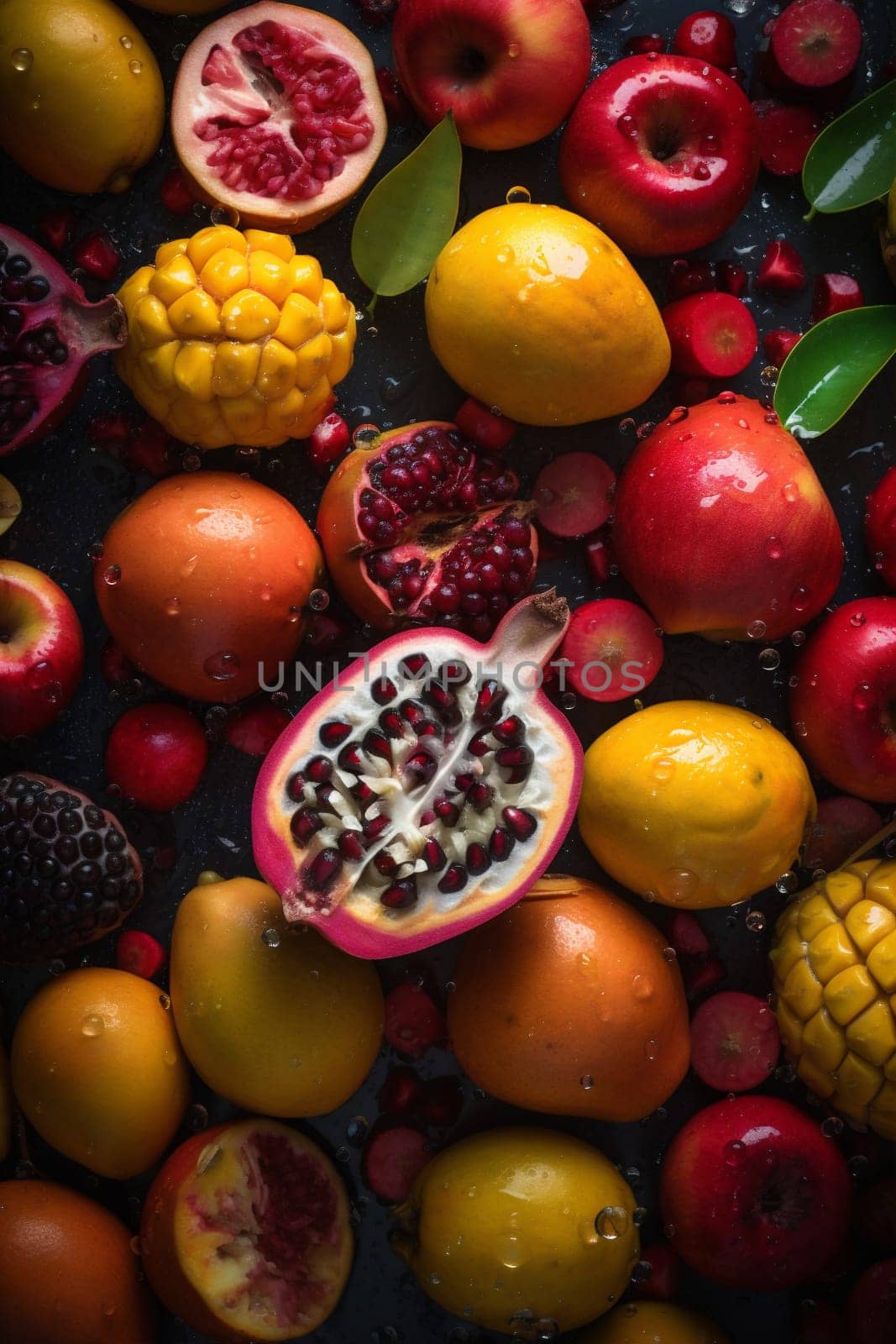 food concept space fruit apple berry healthy copy strawberry grape orange delicious drop water vegetarian background natural clean isolated vitamin fresh green. Generative AI.