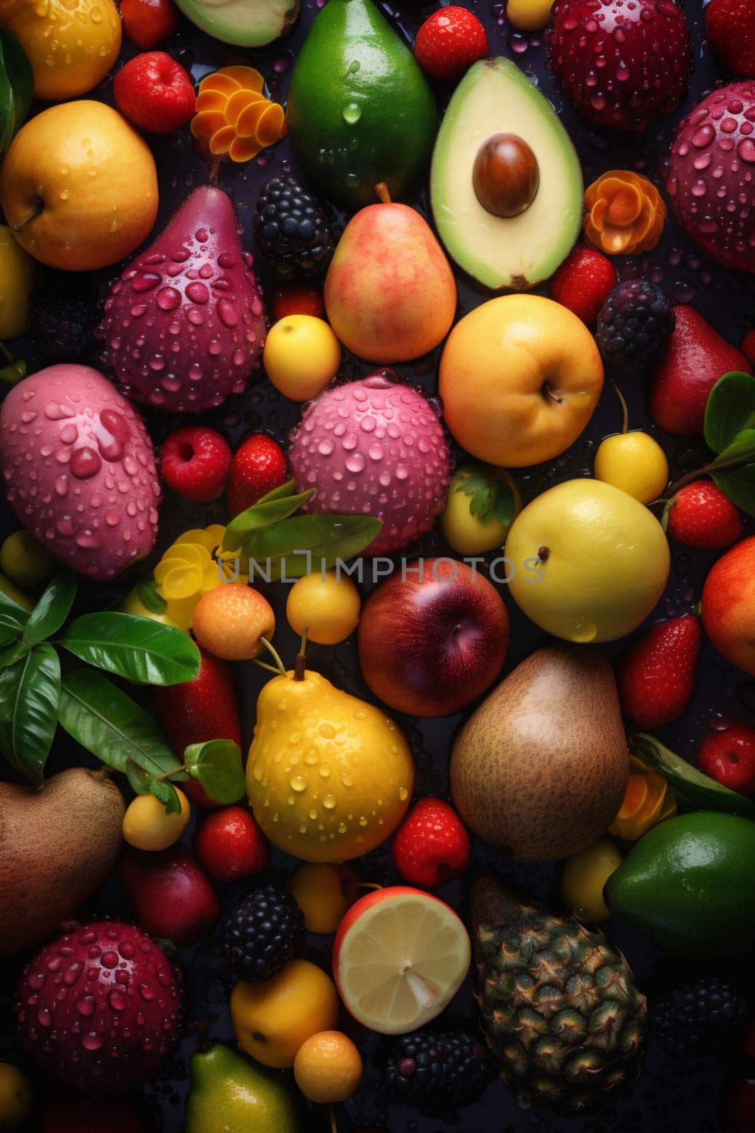 market vegetable vitamin red strawberry fruit green delicious background splashing clean fresh liquid isolated wave drop food sweet healthy water lemon. Generative AI.
