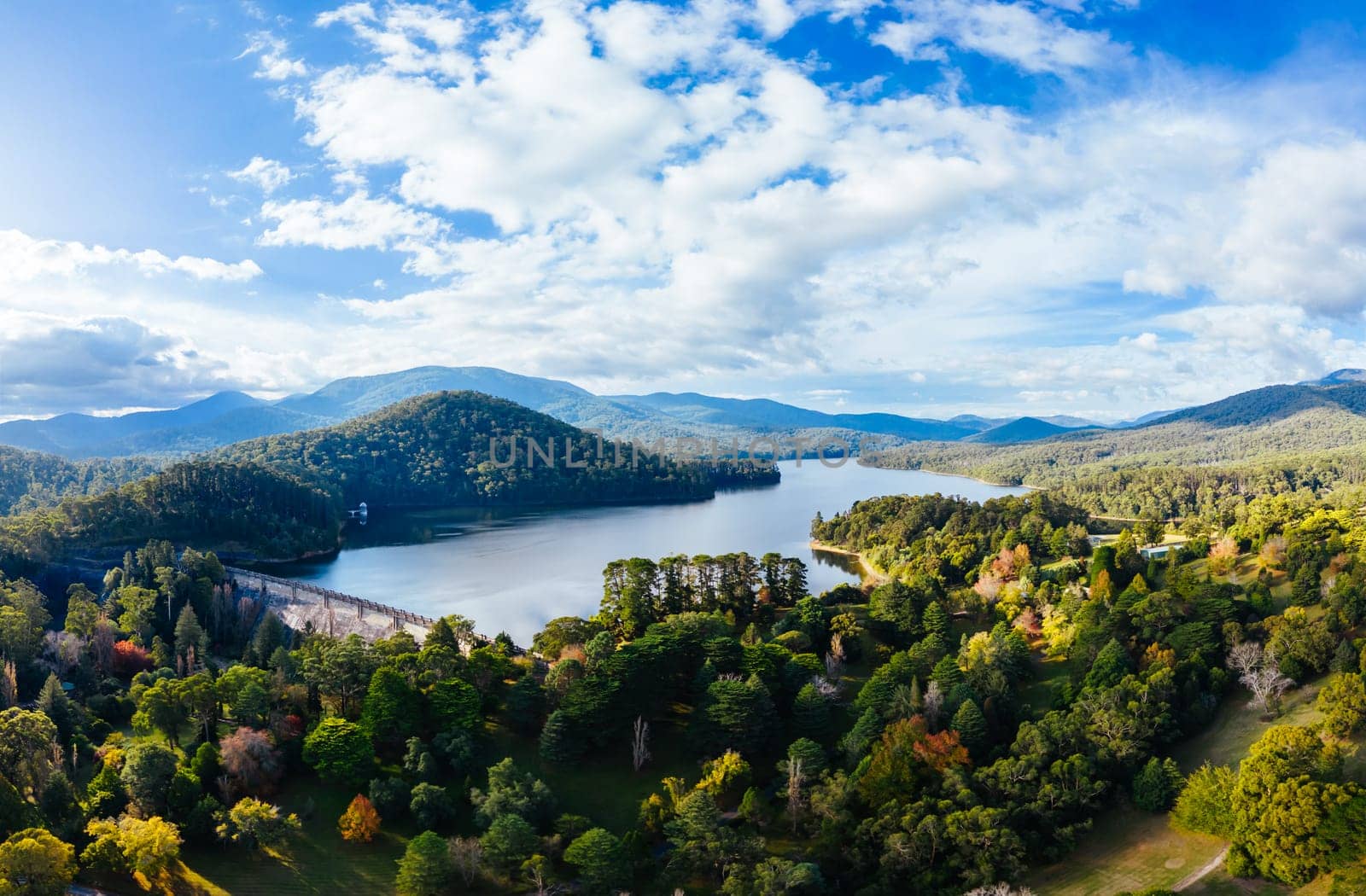 An aerial view on a cool autumn day over Maroondah Reservoir near Healesville in Victoria, Australia