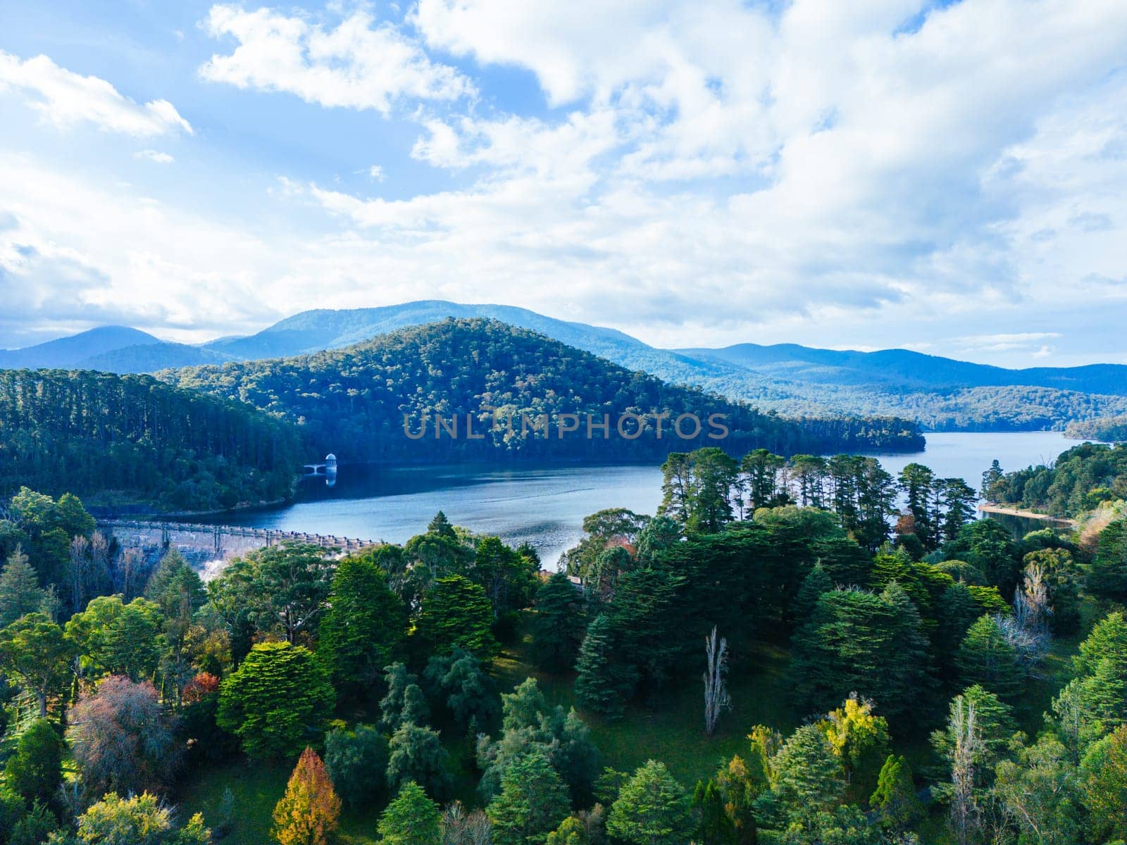 An aerial view on a cool autumn day over Maroondah Reservoir near Healesville in Victoria, Australia