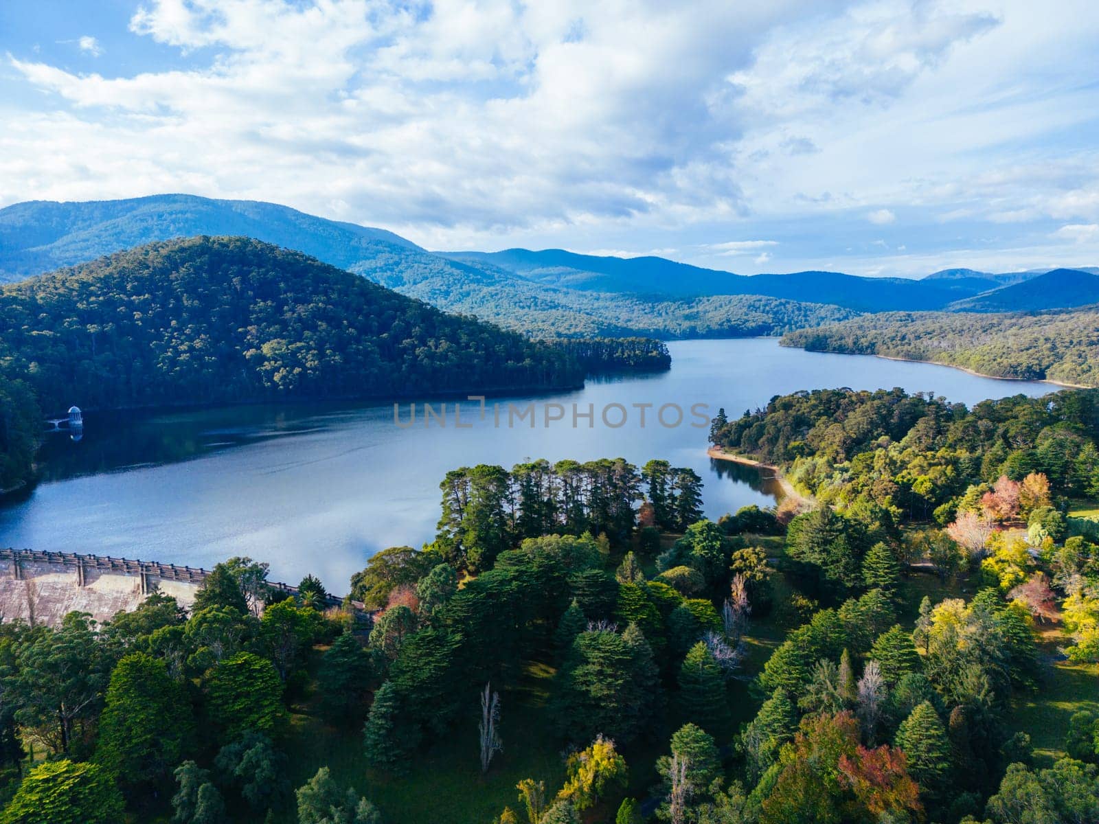 An aerial view on a cool autumn day over Maroondah Reservoir near Healesville in Victoria, Australia