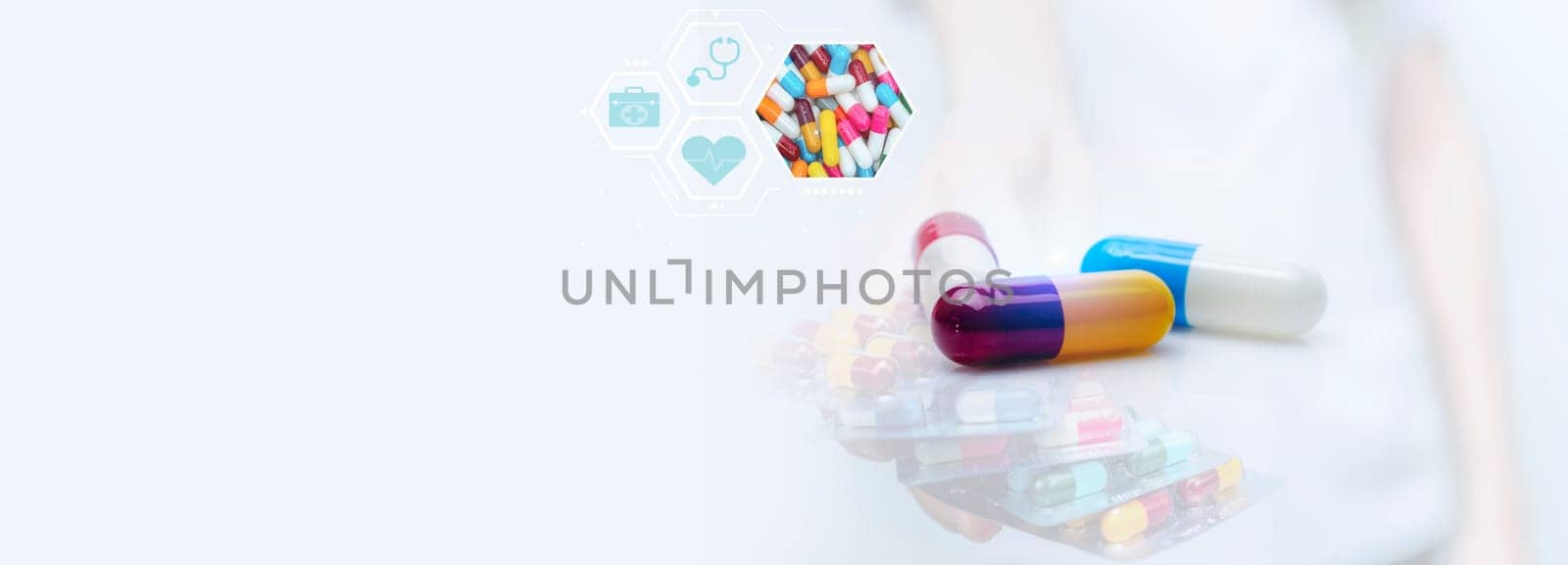 Antibiotic capsule pills and prescription drugs banner. Health care and medicine. Pharmacists prescribed medicine. World pharmacist day. Medical care in hospital. Doctor giving pills. by Fahroni
