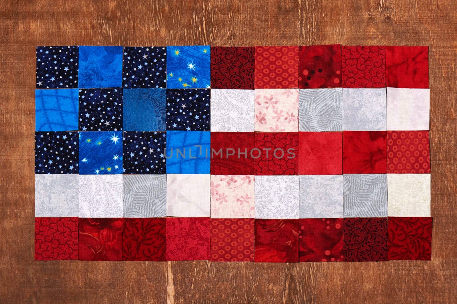 Square pieces of fabrics lying like a flag of USA