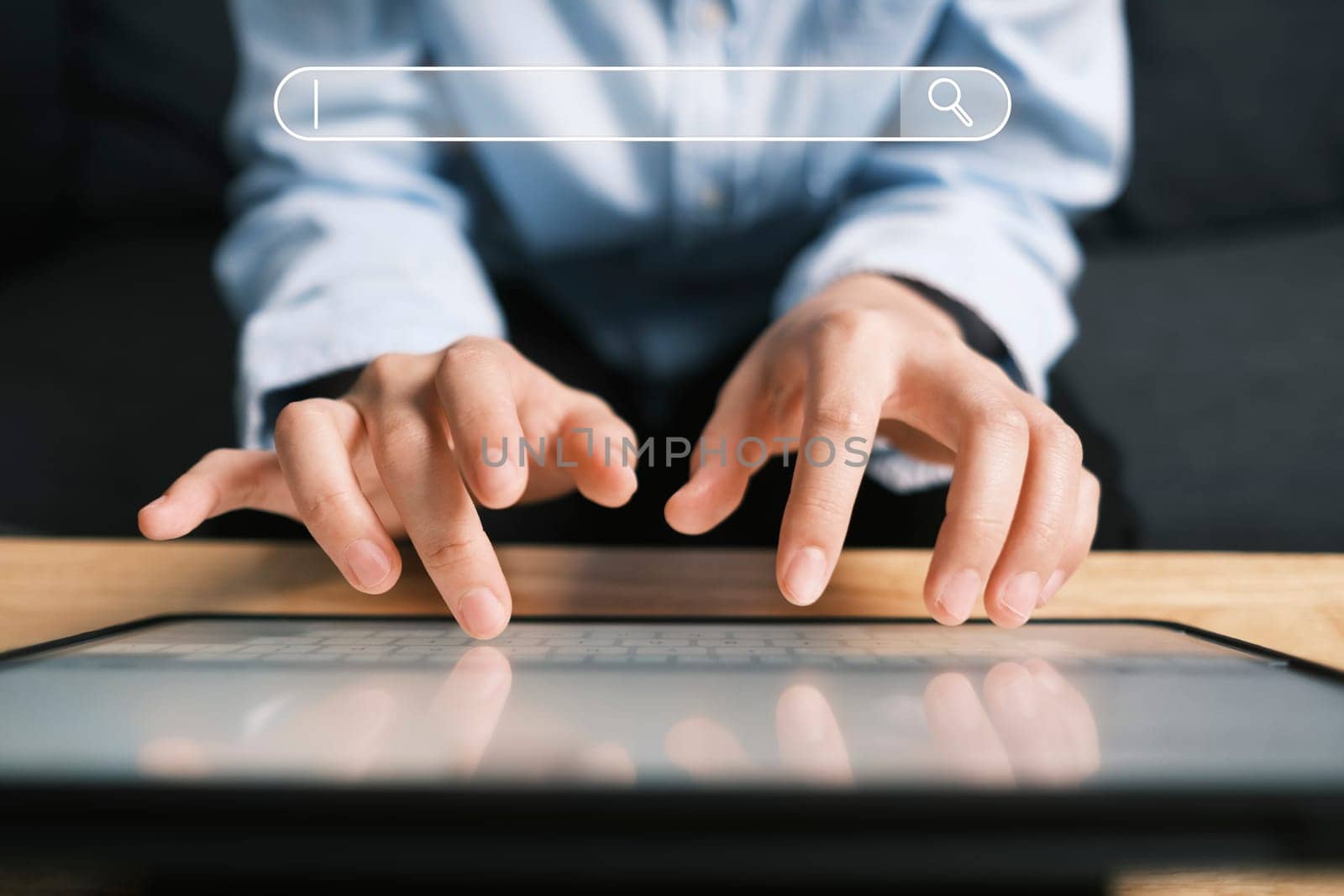 Businesswoman's hands are using a computer laptop keyboard to Searching for information. Data Search Technology Search Engine Optimization. Using Search Console with your website.