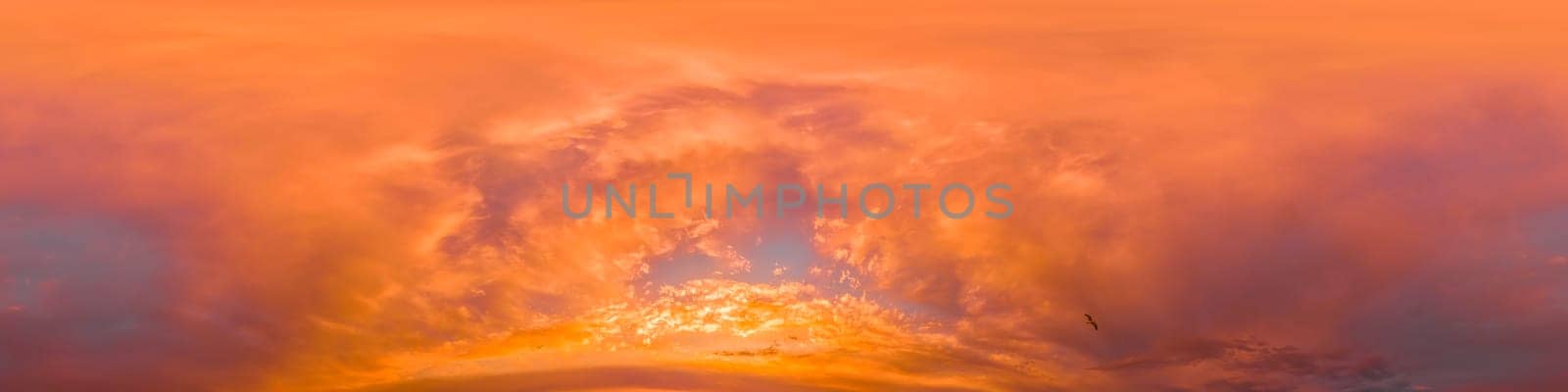 Overcast sky panorama on sunset with Cumulus clouds in Seamless spherical equirectangular format as full zenith for use in 3D graphics, Climate and weather change