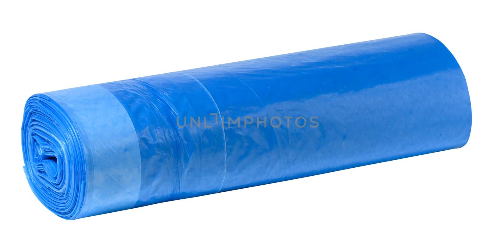 Blue plastic trash bags with strings on white background by ndanko