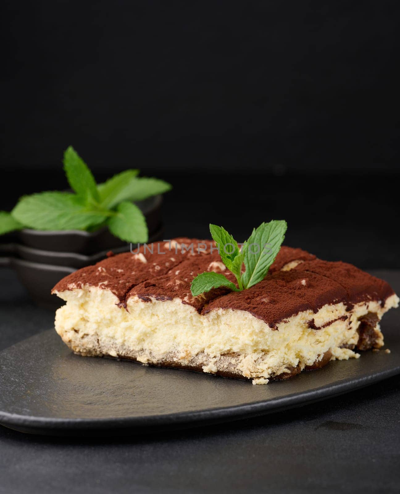 A piece of tiramisu sprinkled with cocoa, on top of a sprig of fresh mint on a black background