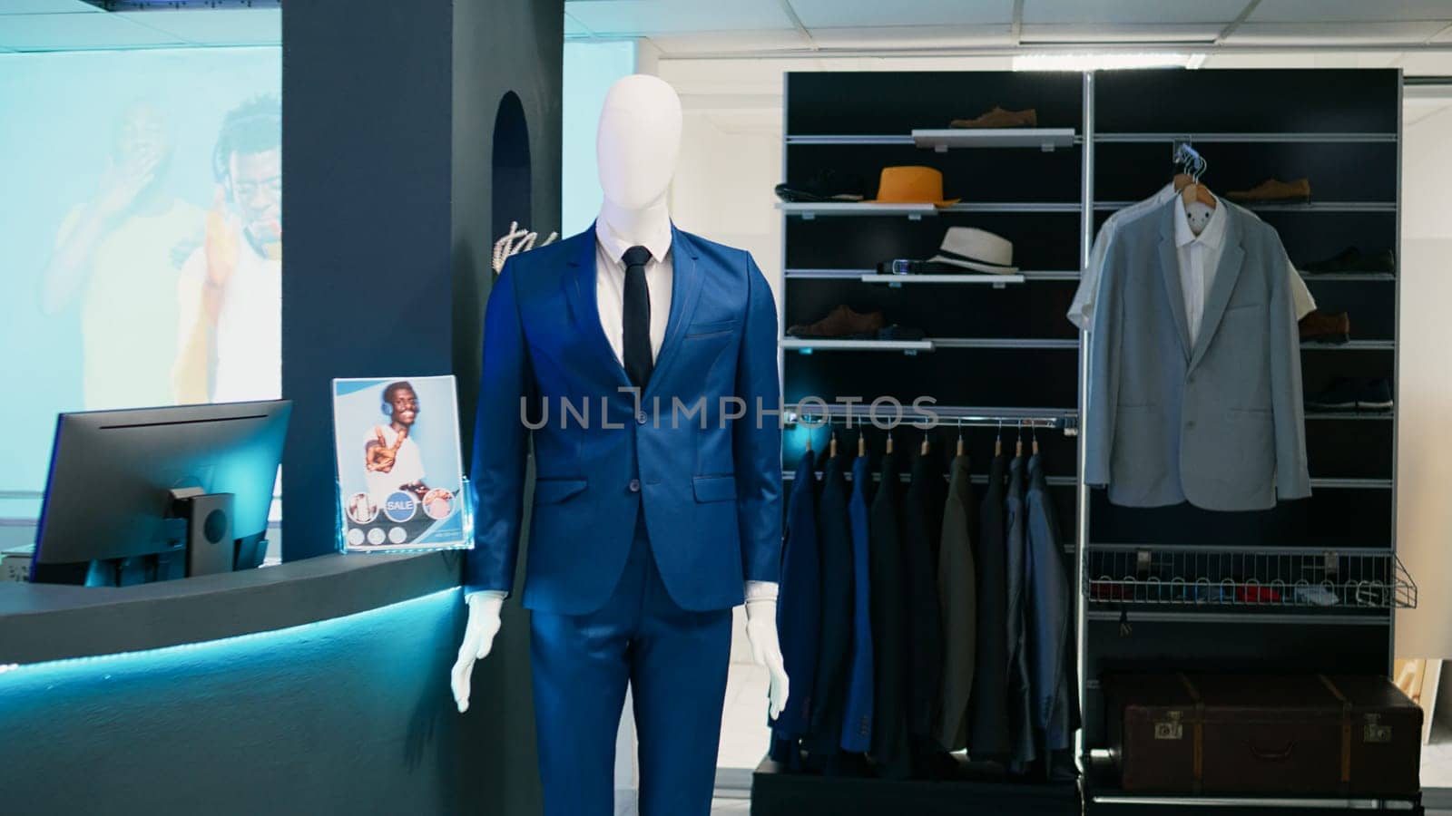 Empty fashion boutique for shopaholic modern people, commercial activity with merchandise in clothing store. Trendy collections of formal or casual wear in retail market shopping center.
