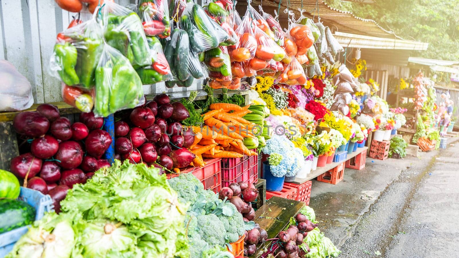 Section of sale of vegetables, fruits and flowers on a road in Jinotega, Nicaragua, Central America by cfalvarez