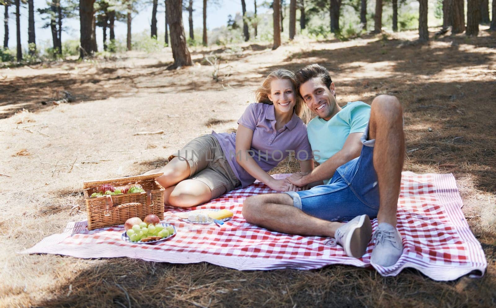Enjoying the summer sun together. View of a happy young couple enjoying a summer picnic in the forest