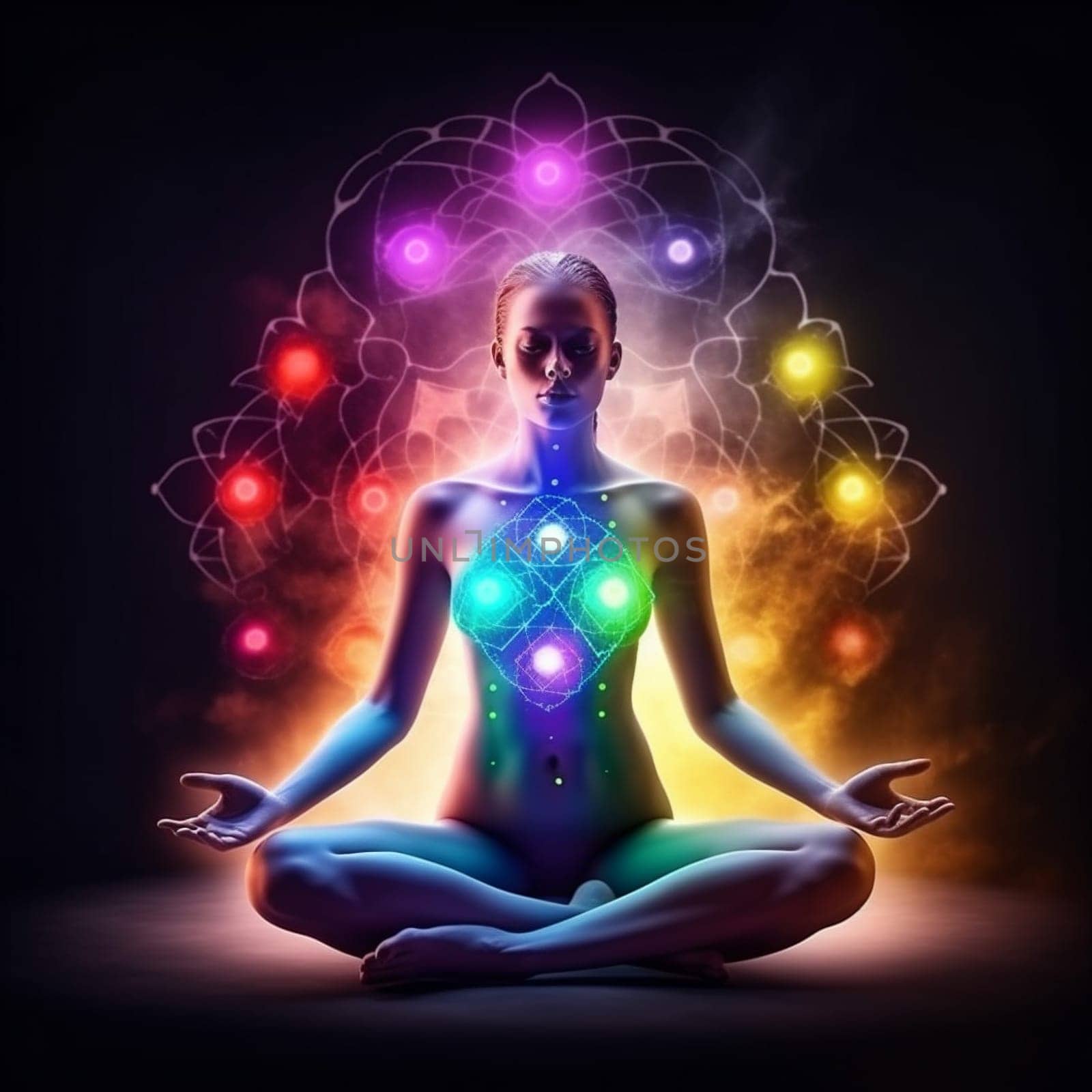 yoga chakra pose aura meditation peace silhouette spiritual energy zen. Generative AI. by SHOTPRIME