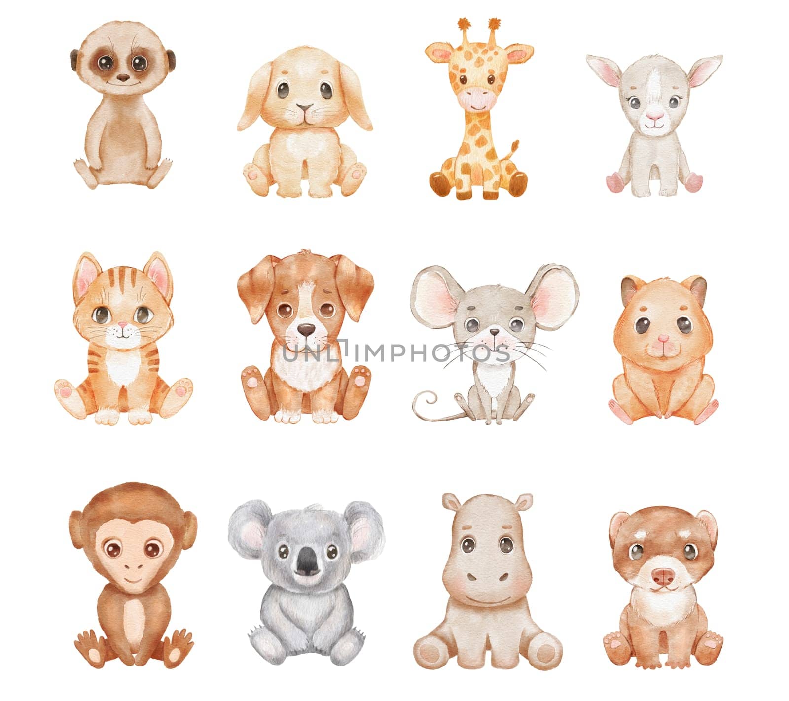 Cute cartoon baby animals isolated on white. Watercolor cat, dog, giraffe and lamb are sitting. Childish funny character set