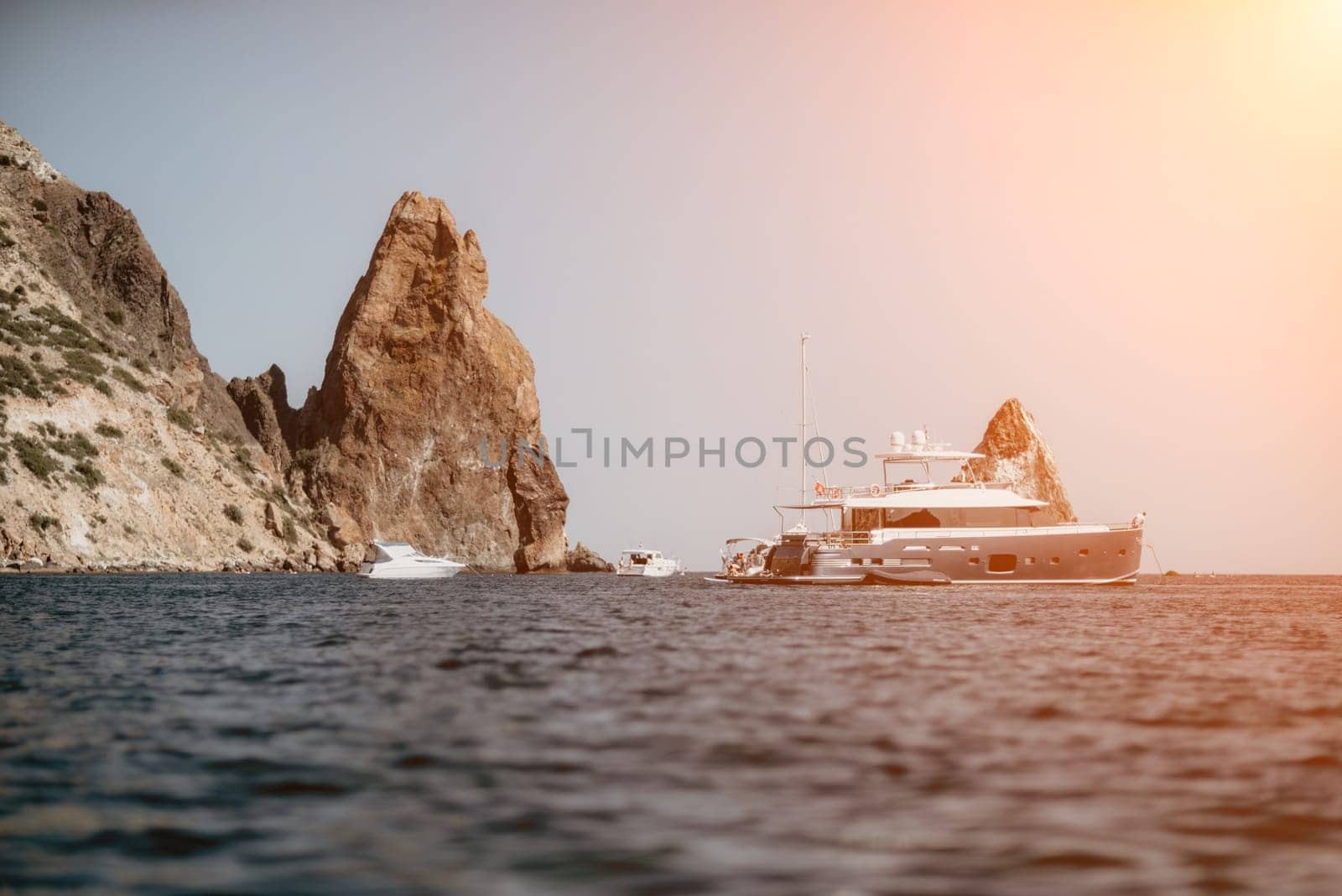 yacht on calm sea. Luxury cruise trip. View from above of white by panophotograph