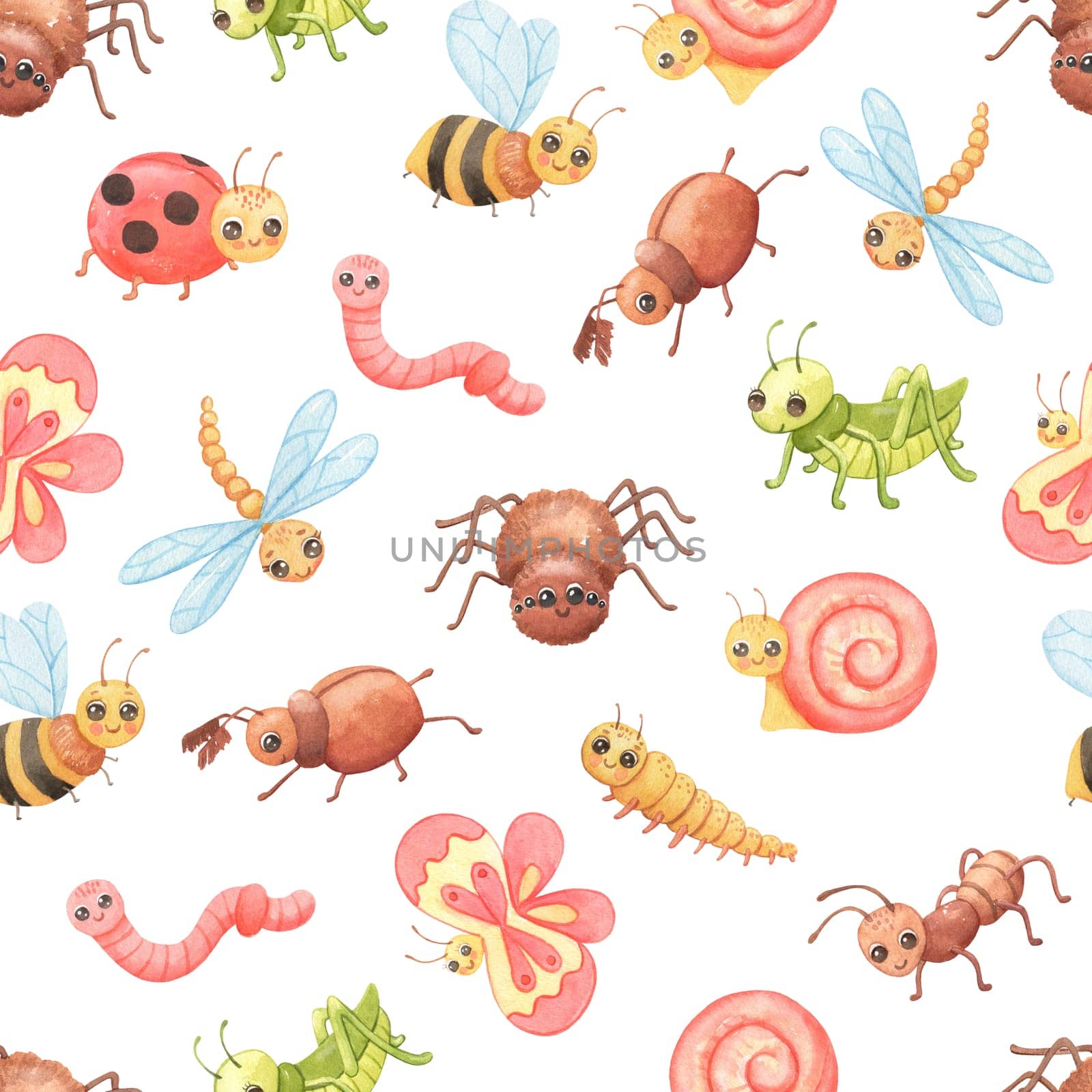 Seamless watercolor pattern with Cartoon insects. Cute butterfly, grasshopper and spider.