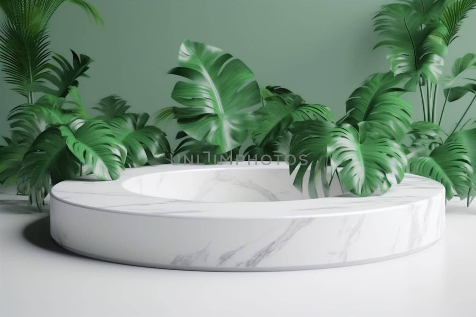 marble abstract up template cosmetic illustration design color podium empty platform creative modern light green beauty space mock branch leaf plant. Generative AI.