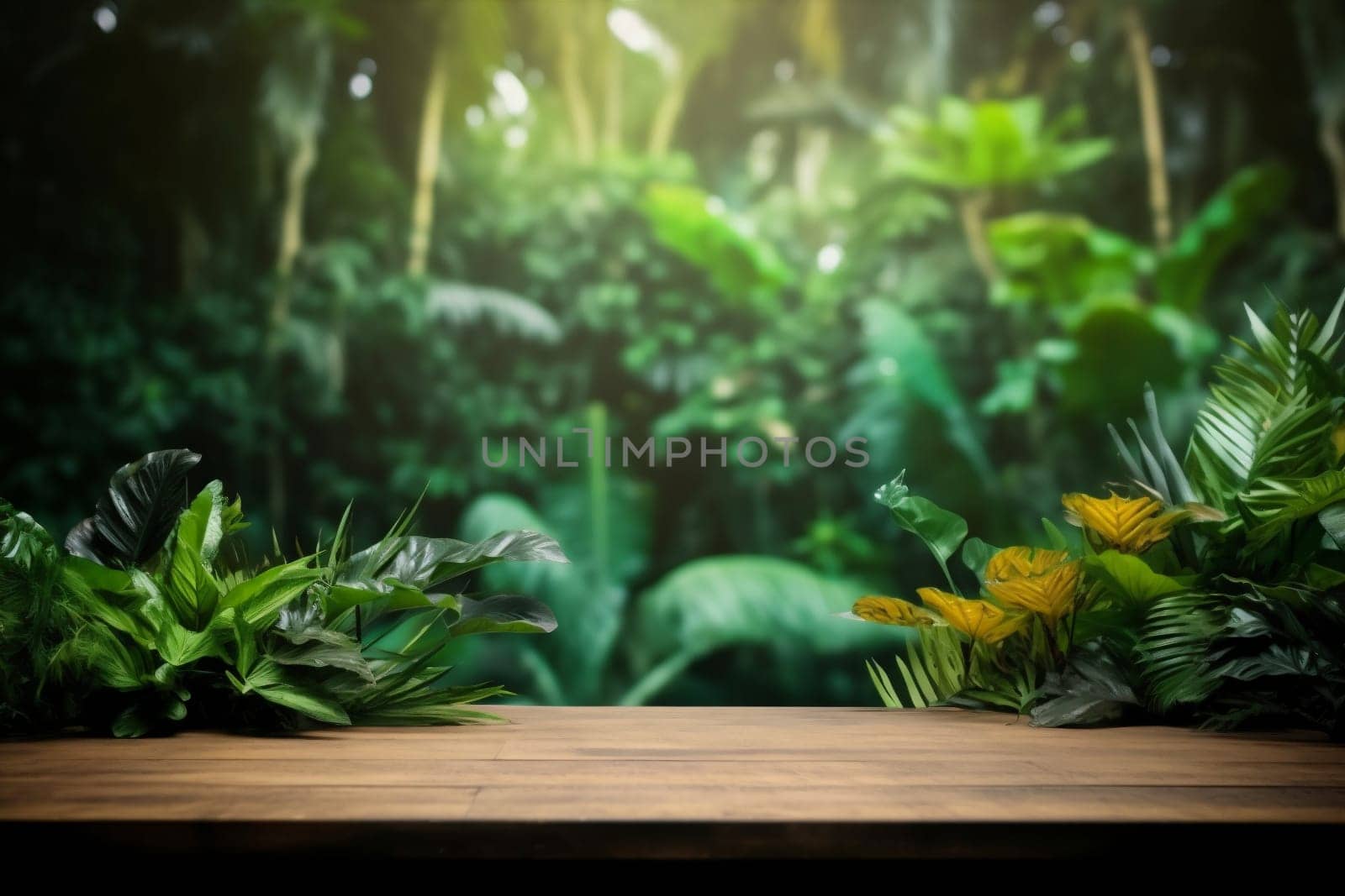 object platform up space palm summer advertising wooden podium shape design mock color shadow concept nature beauty leaf cosmetic wood green. Generative AI.