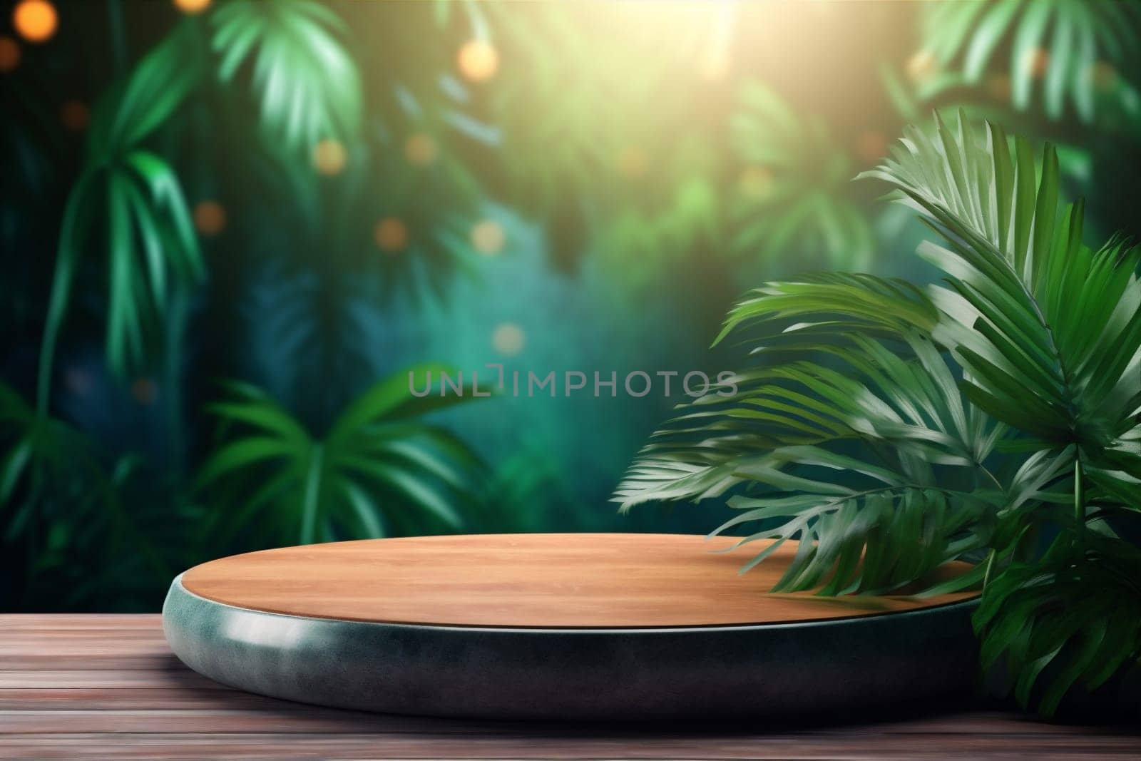 up mock palm design color space leaf green platform podium wooden. Generative AI. by SHOTPRIME