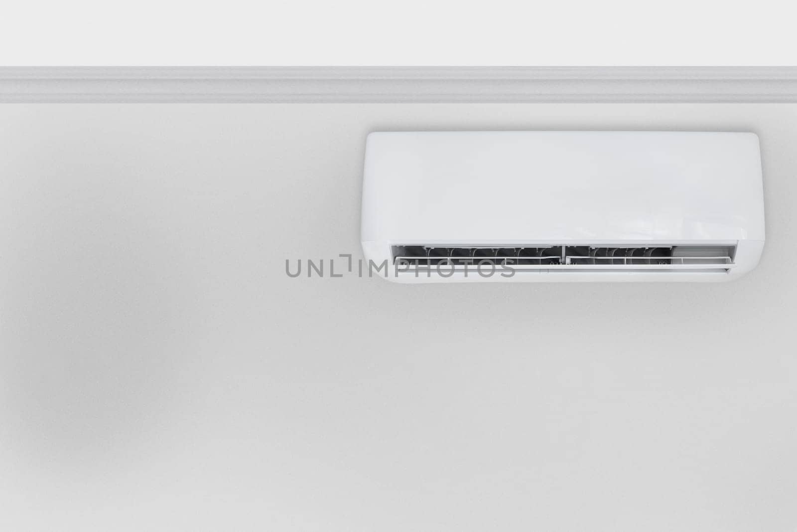 Front view on white air conditioner hanging from the ceiling on the side wall, big copy space.
