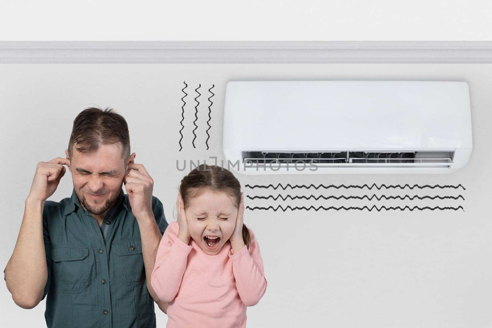 The air conditioner makes loud sounds, noises and vibrations. Father with child close their ears by Rom4ek