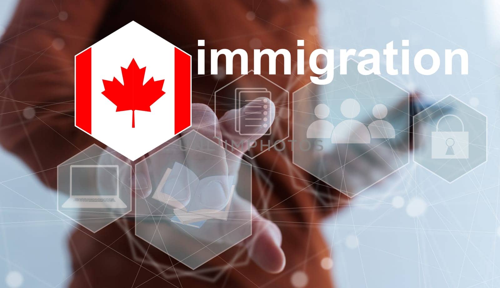 Concept of immigration to Canada with virtual button pressing.