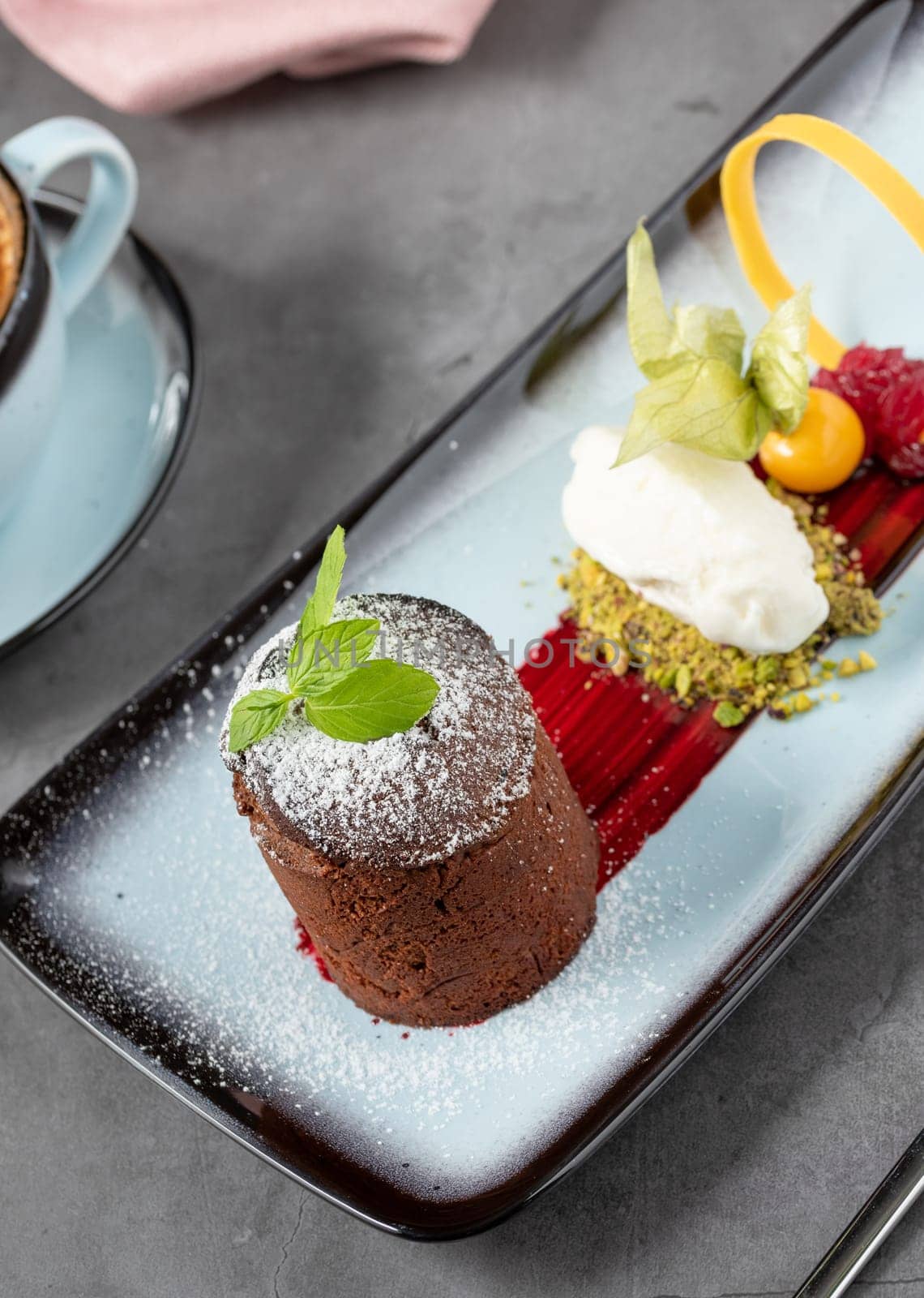 Chocolate souffle with ice cream served in a fine dining restaurant by Sonat