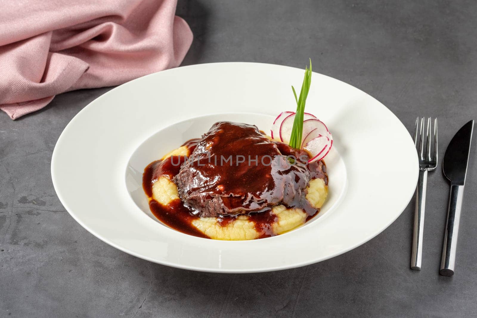 Veal cheek served in a fine dining restaurant
