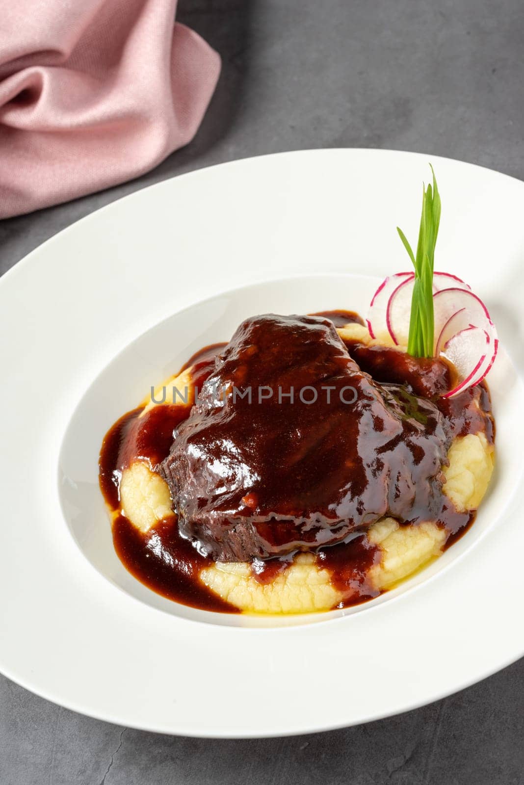 Veal cheek served in a fine dining restaurant