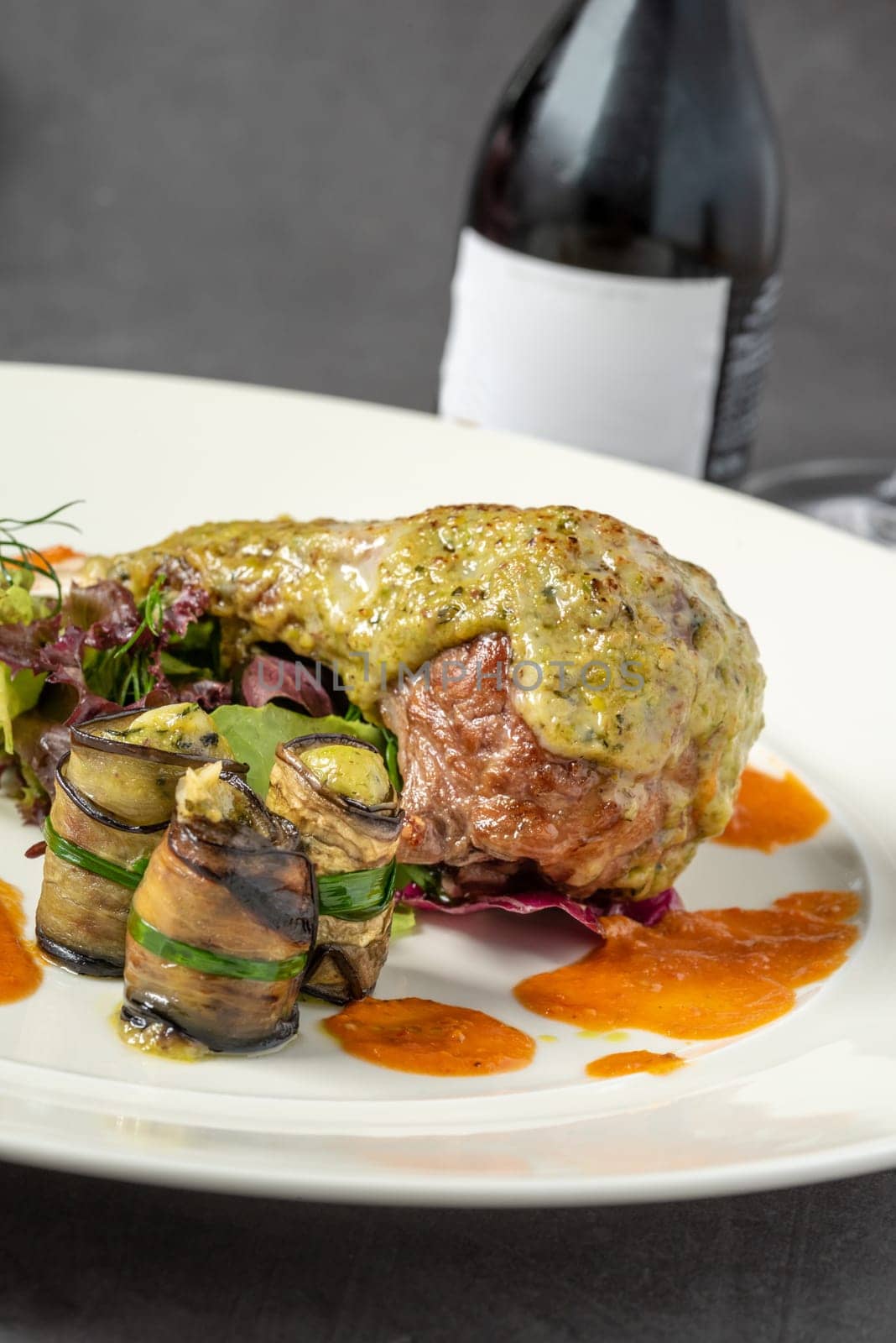 Lamb chops with various vegetables in a fine dining restaurant