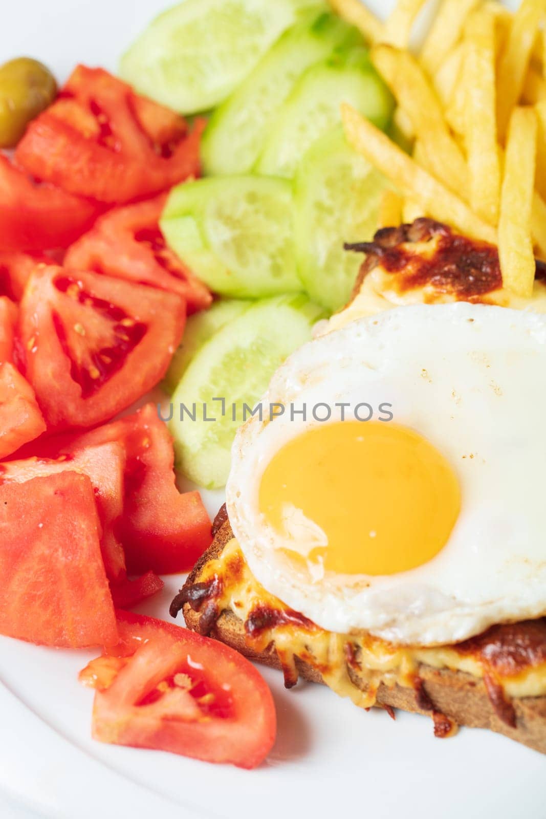 Breakfast. French cuisine. Croque madame sandwich close up on the table. High quality photo