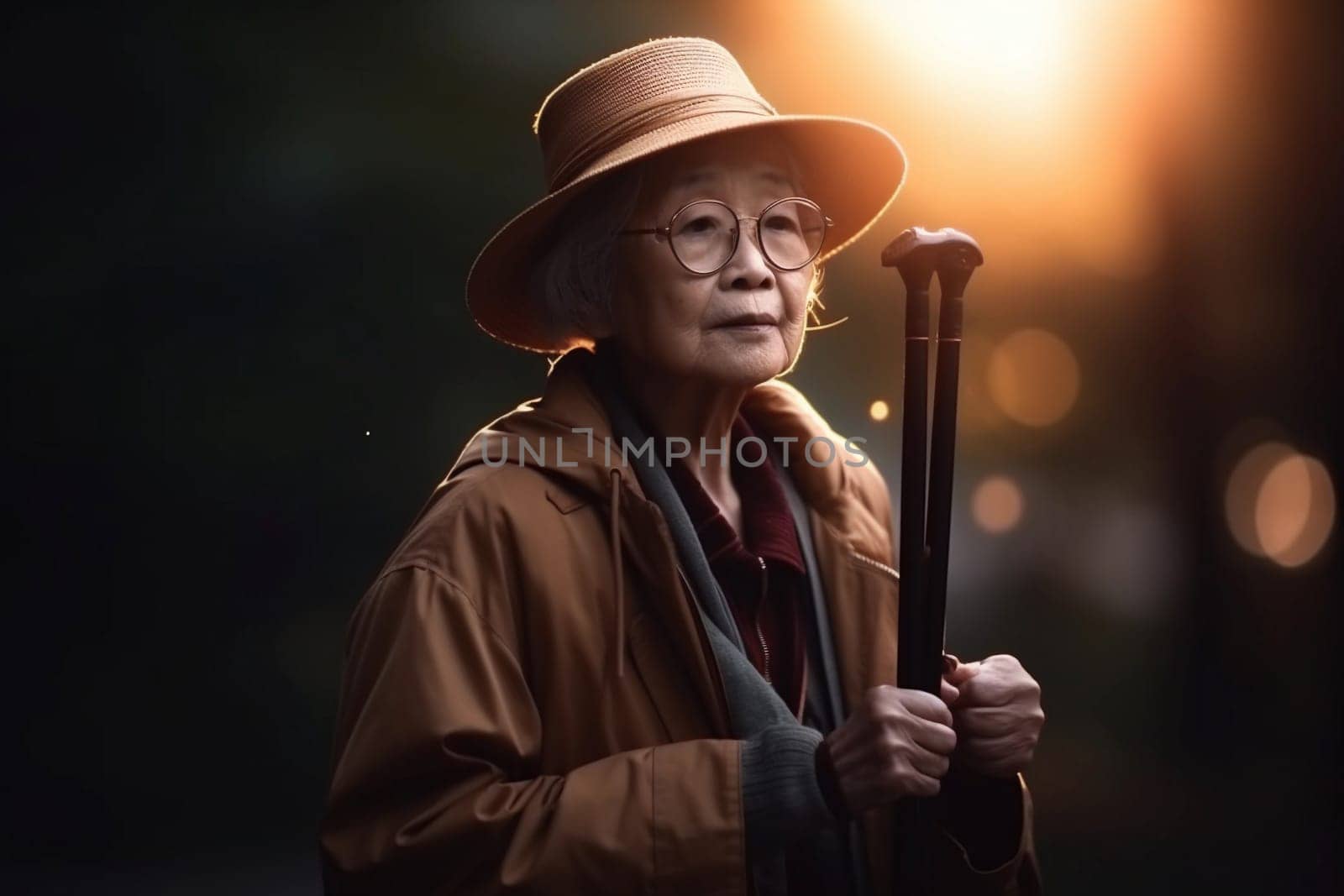 A woman wearing a hat and glasses stands in front of a bright light. AI generation by gulyaevstudio