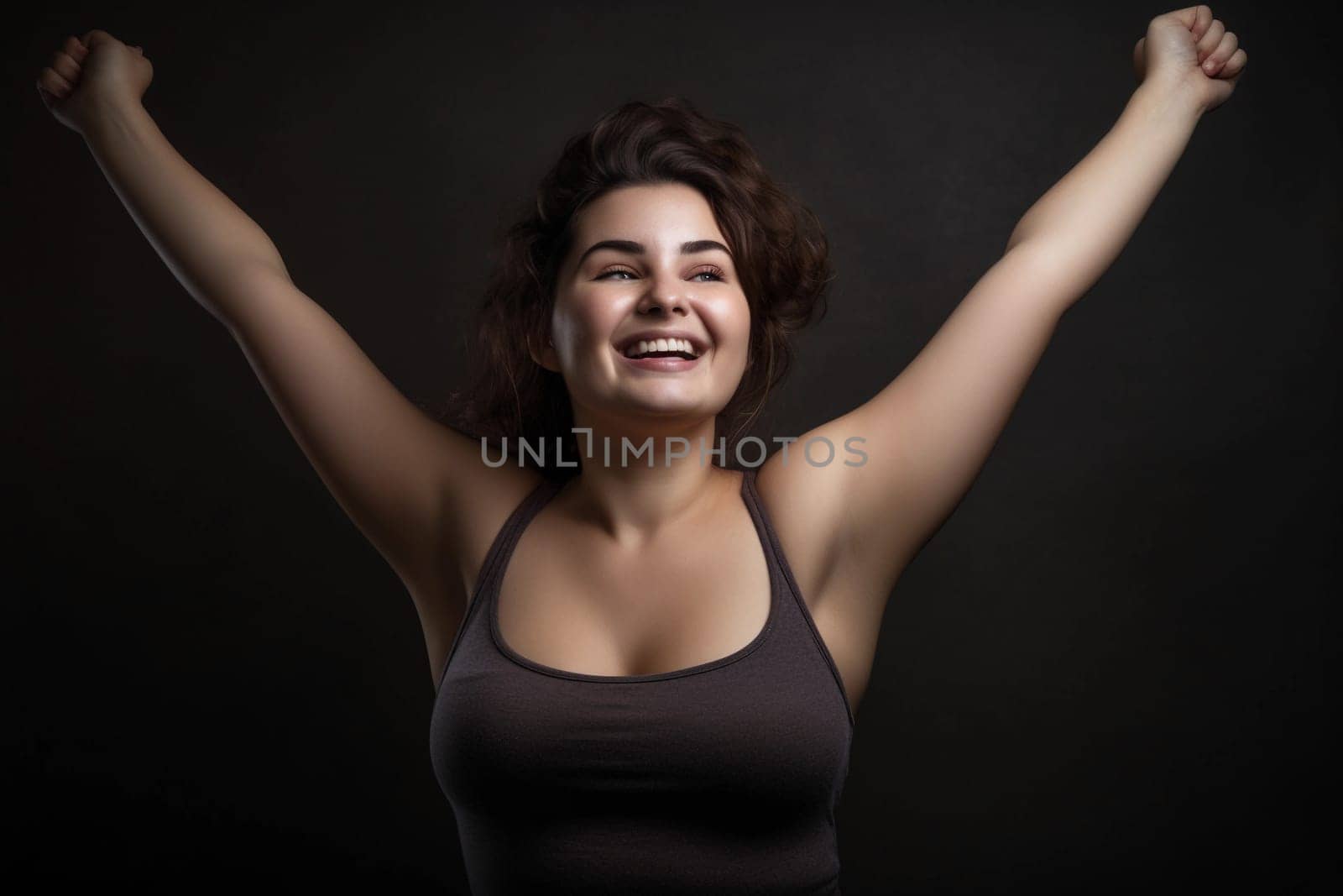 A woman with her arms up in the air AI generation by gulyaevstudio