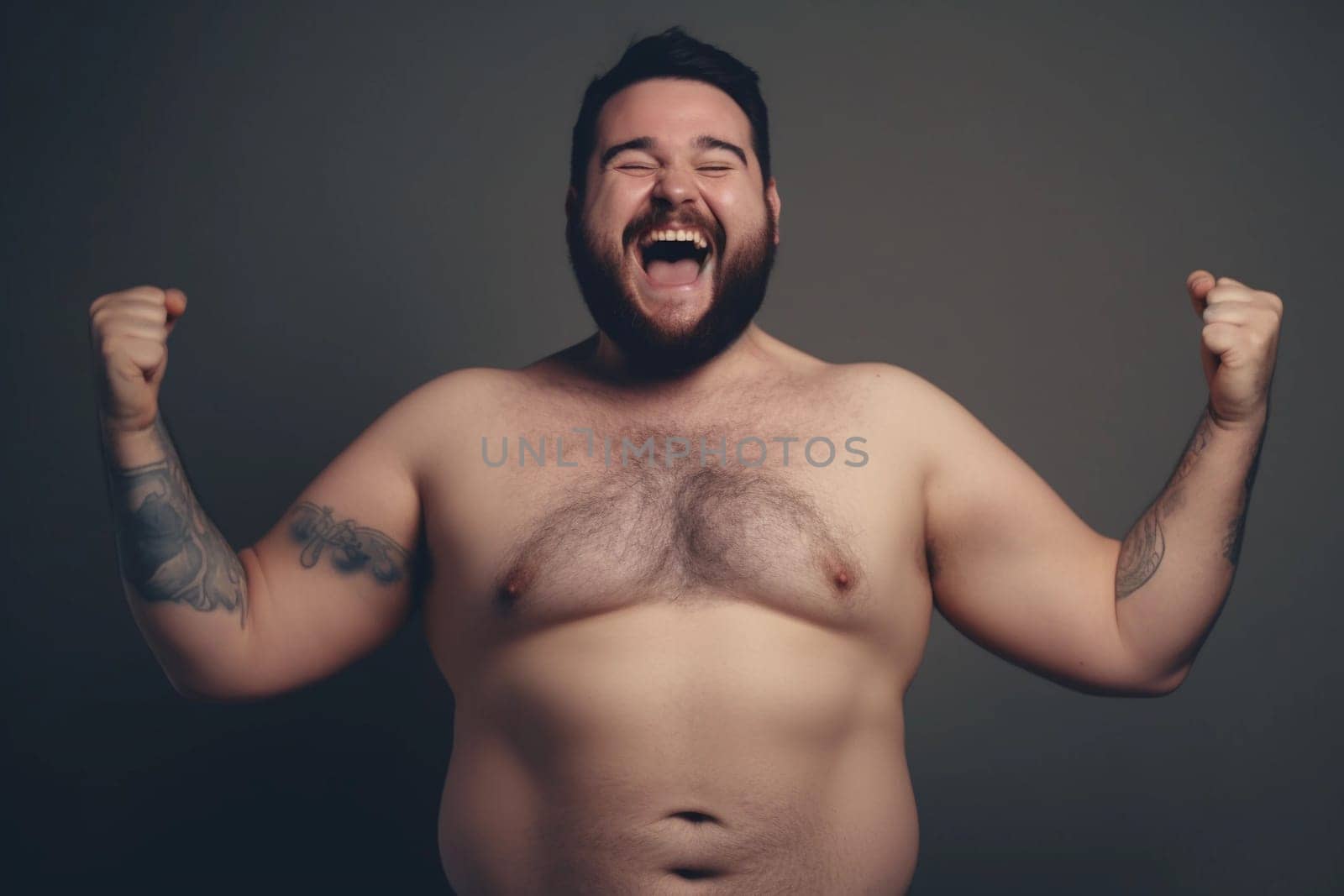 A man with a tattoo on his chest is laughing.