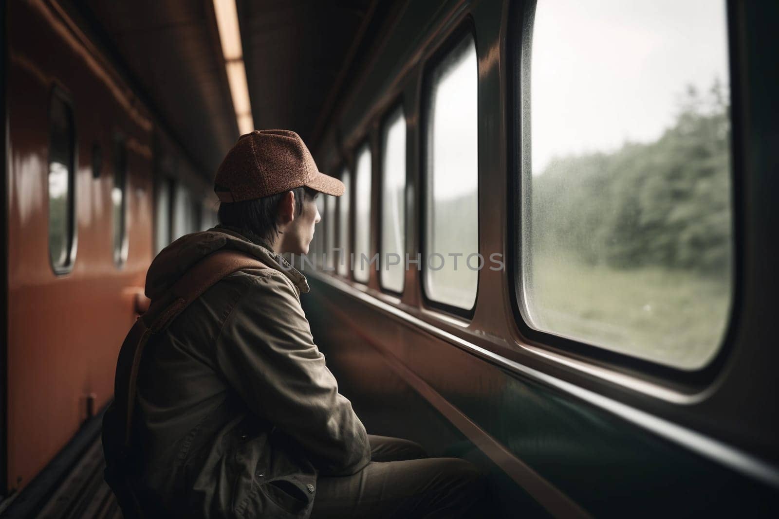 A man sits on a train looking out the window.
