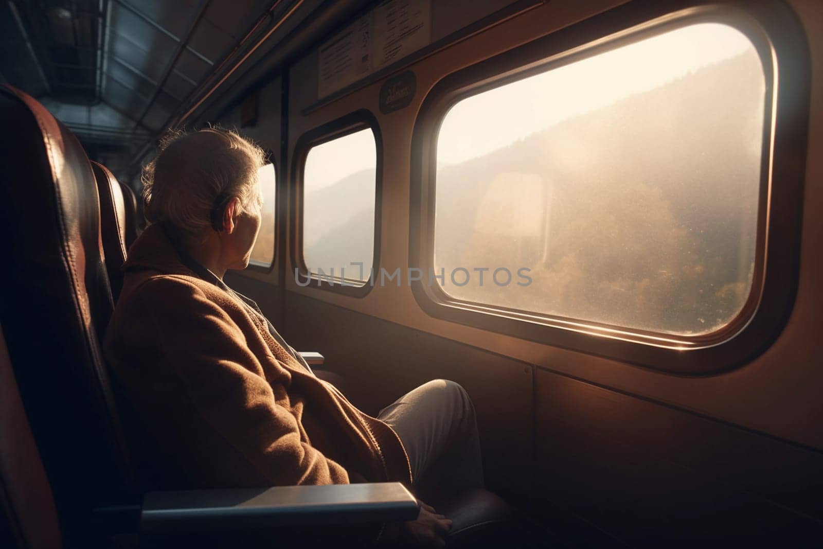 A man sits in a train looking out the window of a train. AI generation by gulyaevstudio