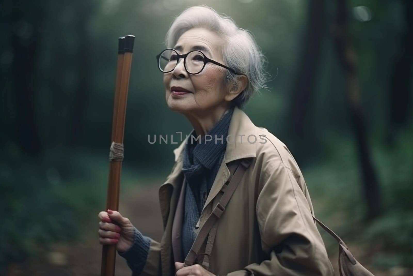 A woman with glasses and a cane walks through a forest. AI generation by gulyaevstudio