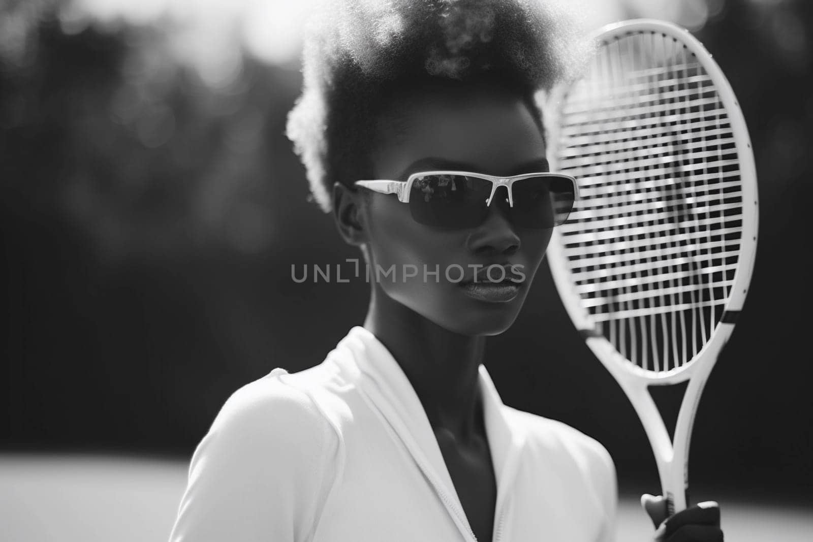 A woman wearing sunglasses holds a racquet in a park.
