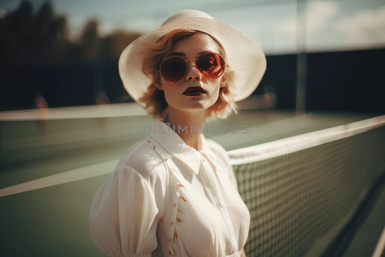 A woman wearing sunglasses and a hat stands on a tennis court.