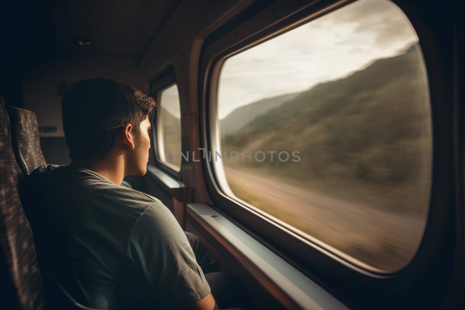 A man sits in a train looking out the window. AI generation by gulyaevstudio